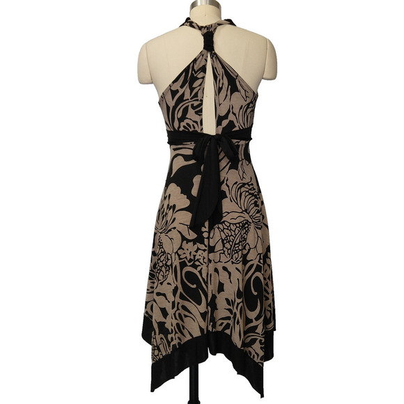 Vintage Y2K Fairy Midi Dress Size S Black Tan Floral V Neck Asymmetric Hem - Picture 8 of 11